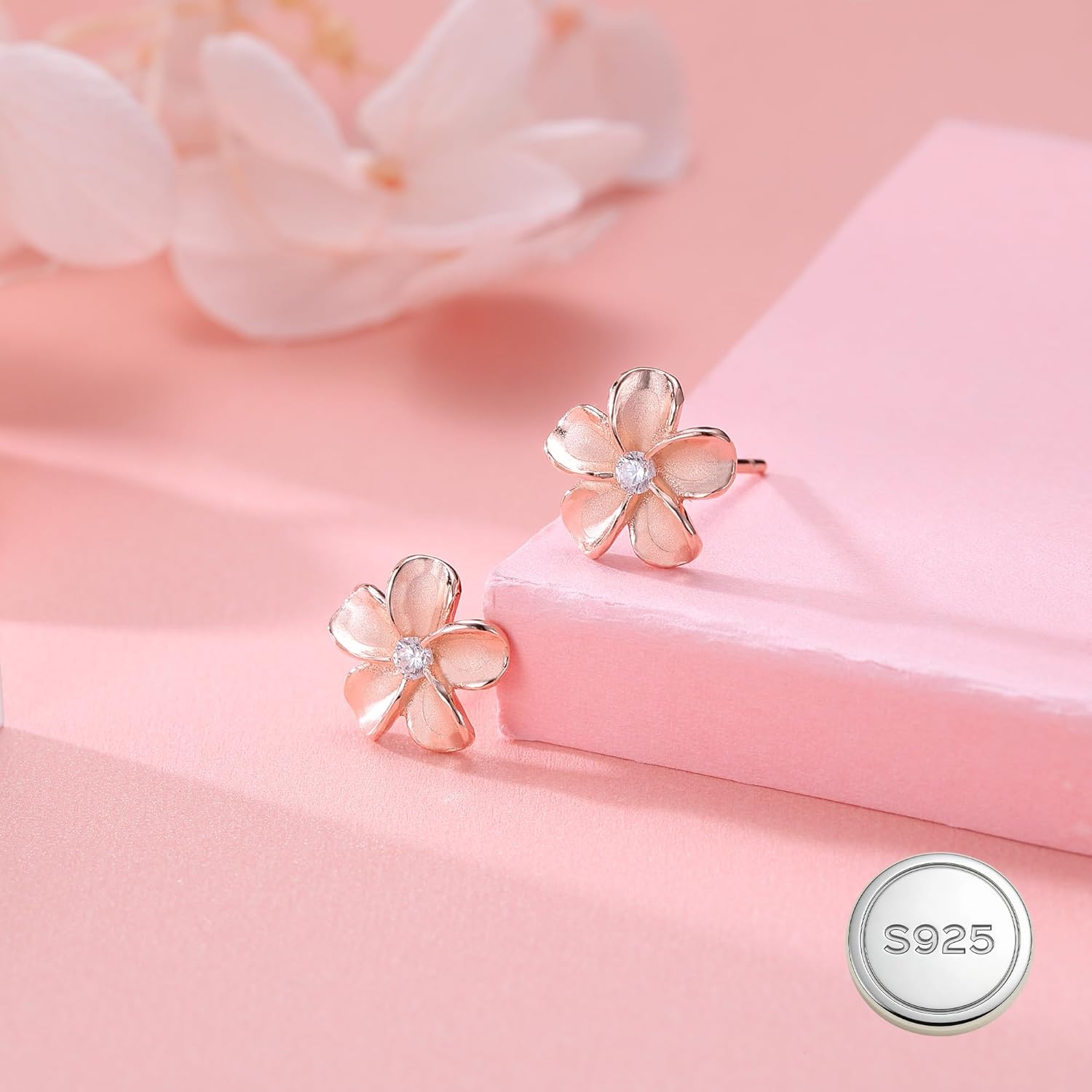 Reffeer Solid 925 Sterling Silver Plumeria Flower Stud Earrings for Women Teen Girls Crystal Flower Stud Earrings