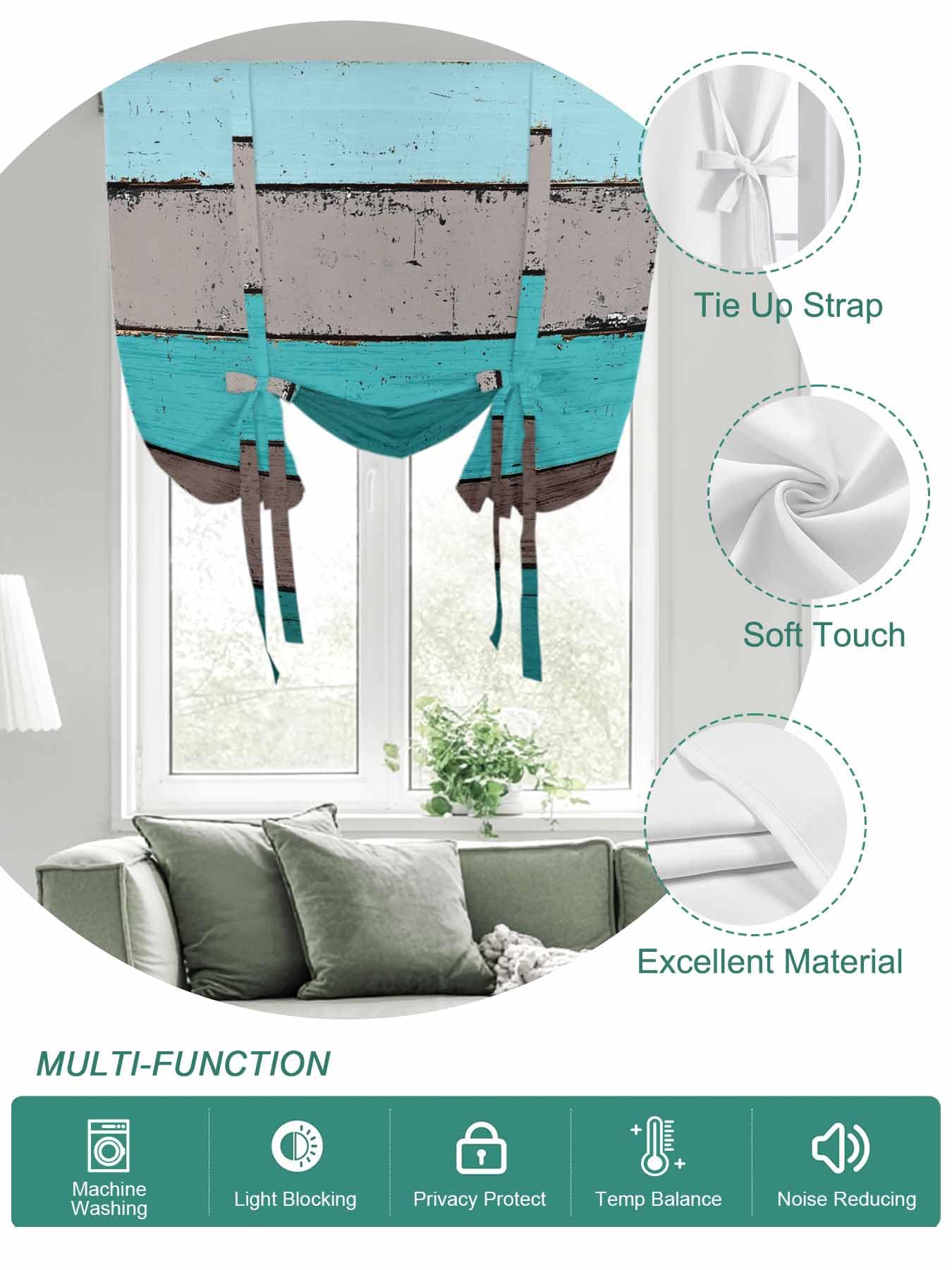 Tie Up Curtains for Windows Aqua Wooden Roman Shade 42 x 54 Inch Bathroom Curtains Window Grey Stripe Gradient Country Rustic Grain Rod Pocket Short Balloon Curtains for Living Room Kitchen Blinds