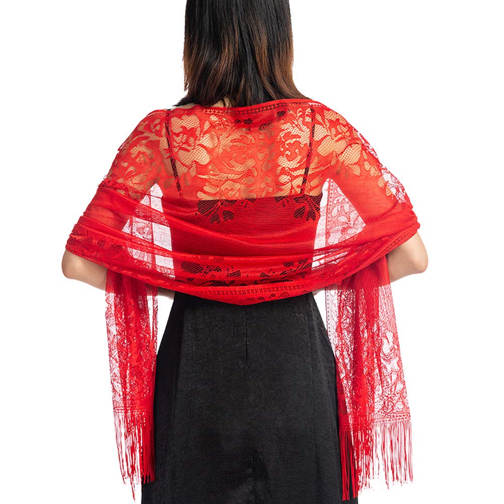 Ladiery Women's Floral Lace Scarf Shawl with Tassels, Soft Mesh Fringe Wraps for Wedding Evening Party Dresses