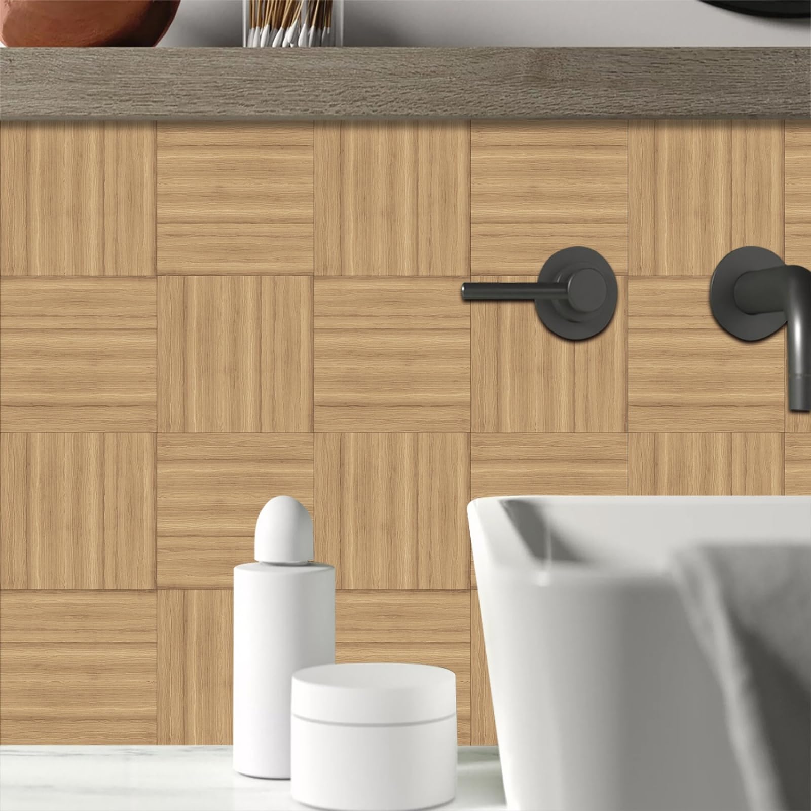 Stick on Tiles Striped Wood Grain Tile Stickers for Bathroom Kitchen Backsplash Waterproof Tile Covers for Fireplace Surround Cabinet Furniture Stick on Kitchen Tiles 10x10 cm/10 pcs