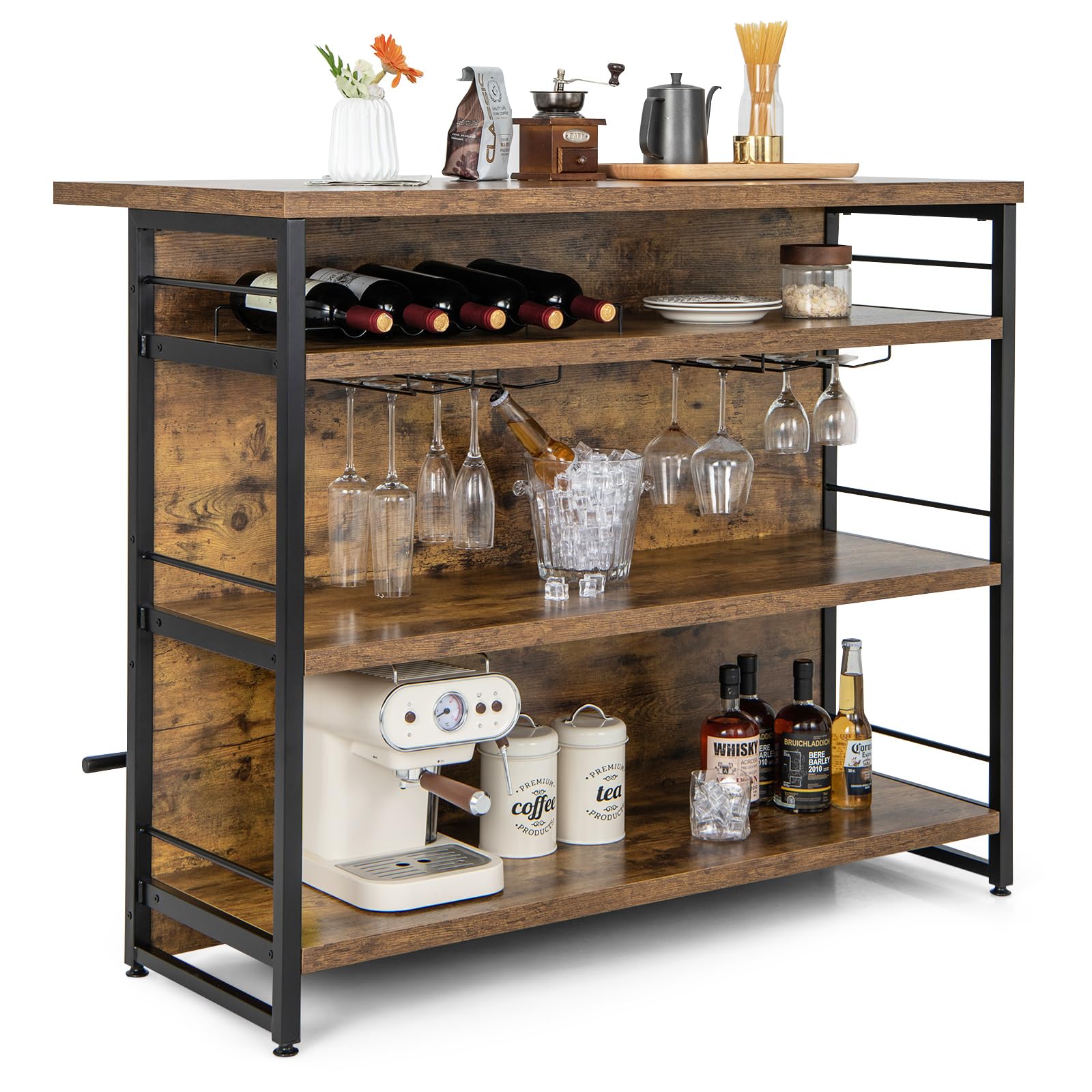 GIANTEX Ilot Central Cuisine avec Plan de Travail, Table de Bar à 4 Niveaux avec Porte-Bouteilles, Porte-gobelets, Casier à Vin et Supports pour Verres à Pied, 60 x 120 x 101 CM (Marron)