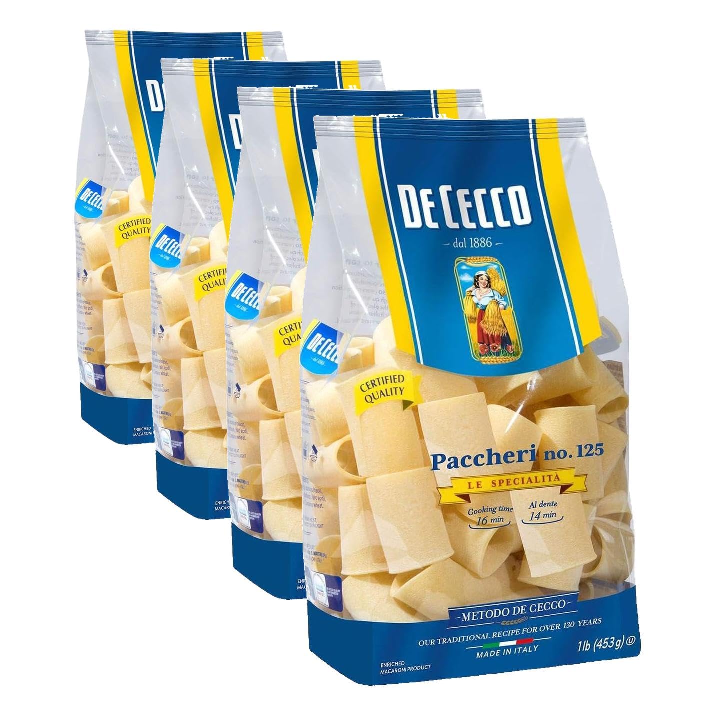 De Cecco Semolina Pasta, Paccheri No.125, 1 LB (Pack of 4)