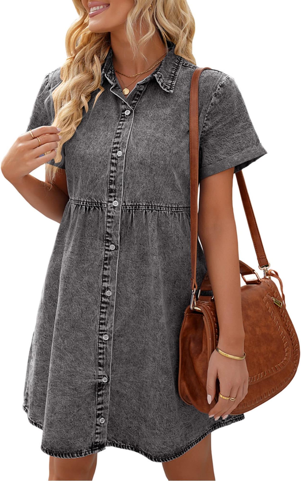 VetineeWomen's Casual Babydoll Denim Dress Short Sleeve Button Down Flowy Tiered