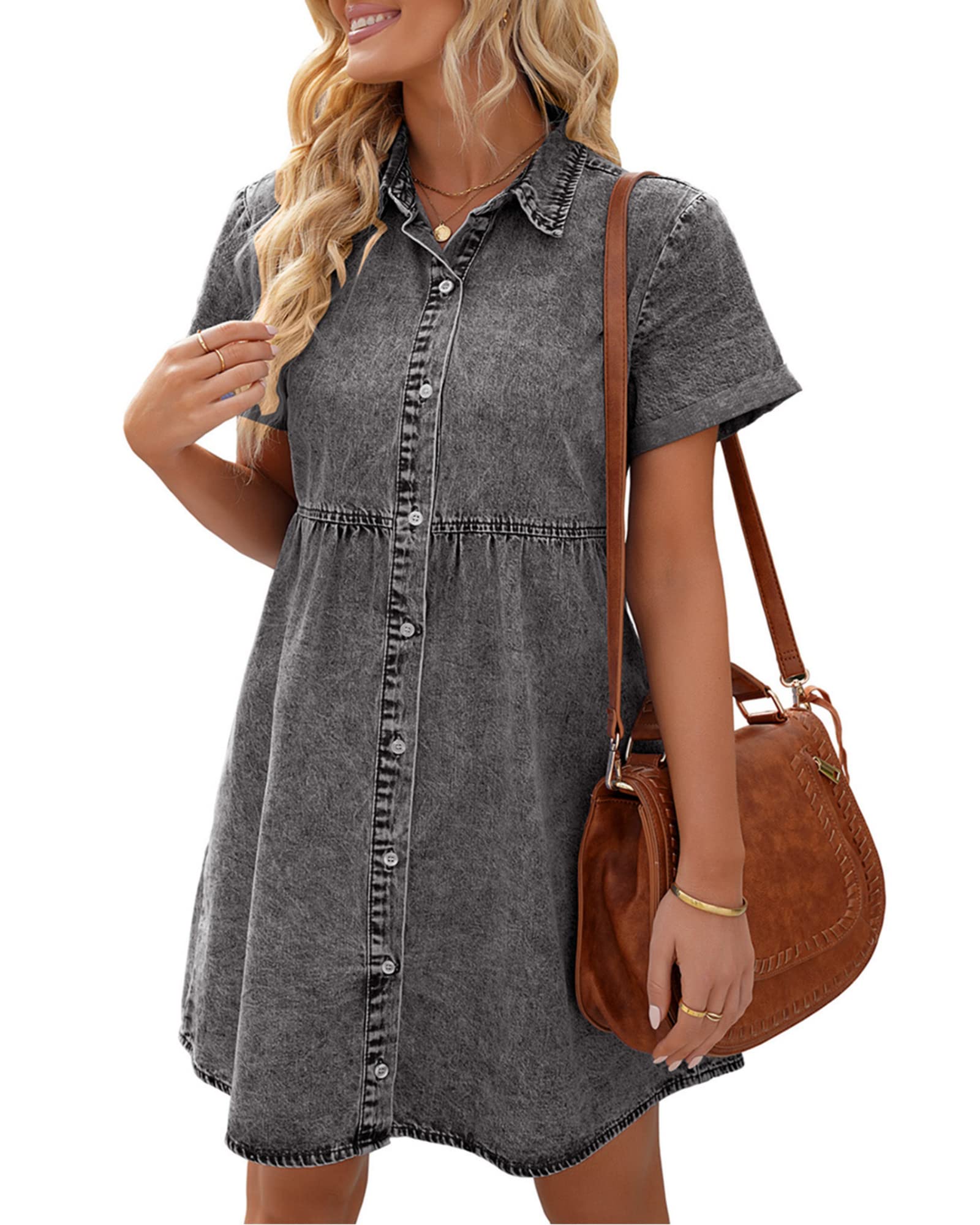 VetineeWomen's Casual Babydoll Denim Dress Short Sleeve Button Down Flowy Tiered