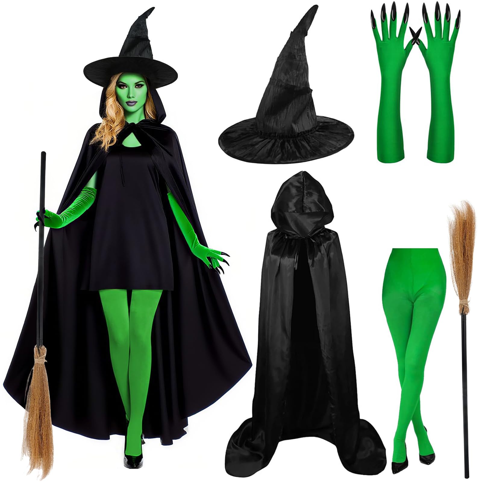 SGFNXB Halloween Costumes Adult Women, 5 PCS Witch Costumes Set Witch Cape, Hat, Gloves, Stockings and Broom