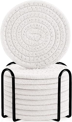 Miniatura 19 de ABenkle Juego de posavasos con soporte de 10 unidades, posavasos absorbentes tejidos de algodón para bebidas, juego de posavasos minimalista