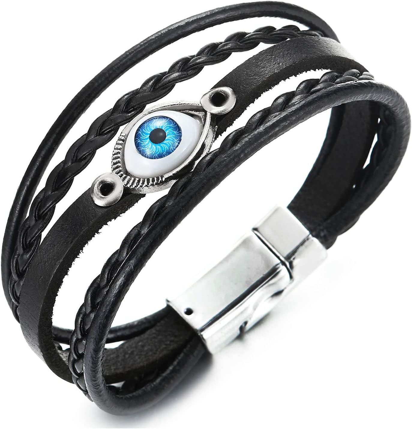 COOLSTEELANDBEYOND Mens Womens Multi-strand Black Leather Evil Eye Beads Charms Bracelet Wristband Wrap Bracelet