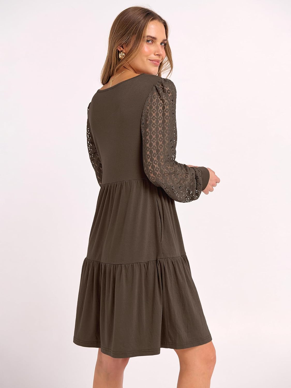 ANRABESS Dresses for Women Casual Lace Long Sleeve V Neck Tiered Swing Flowy Loose A-line Mini Short 2025 Fall Vacation Dress - Image 4