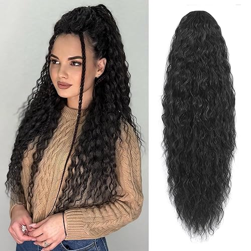KETHBE Extensiones de cabello sintético sintético con cordón de 26 pulgadas, largo y rizado, ondulado, resistente al calor, para mujer (26 pulgadas,