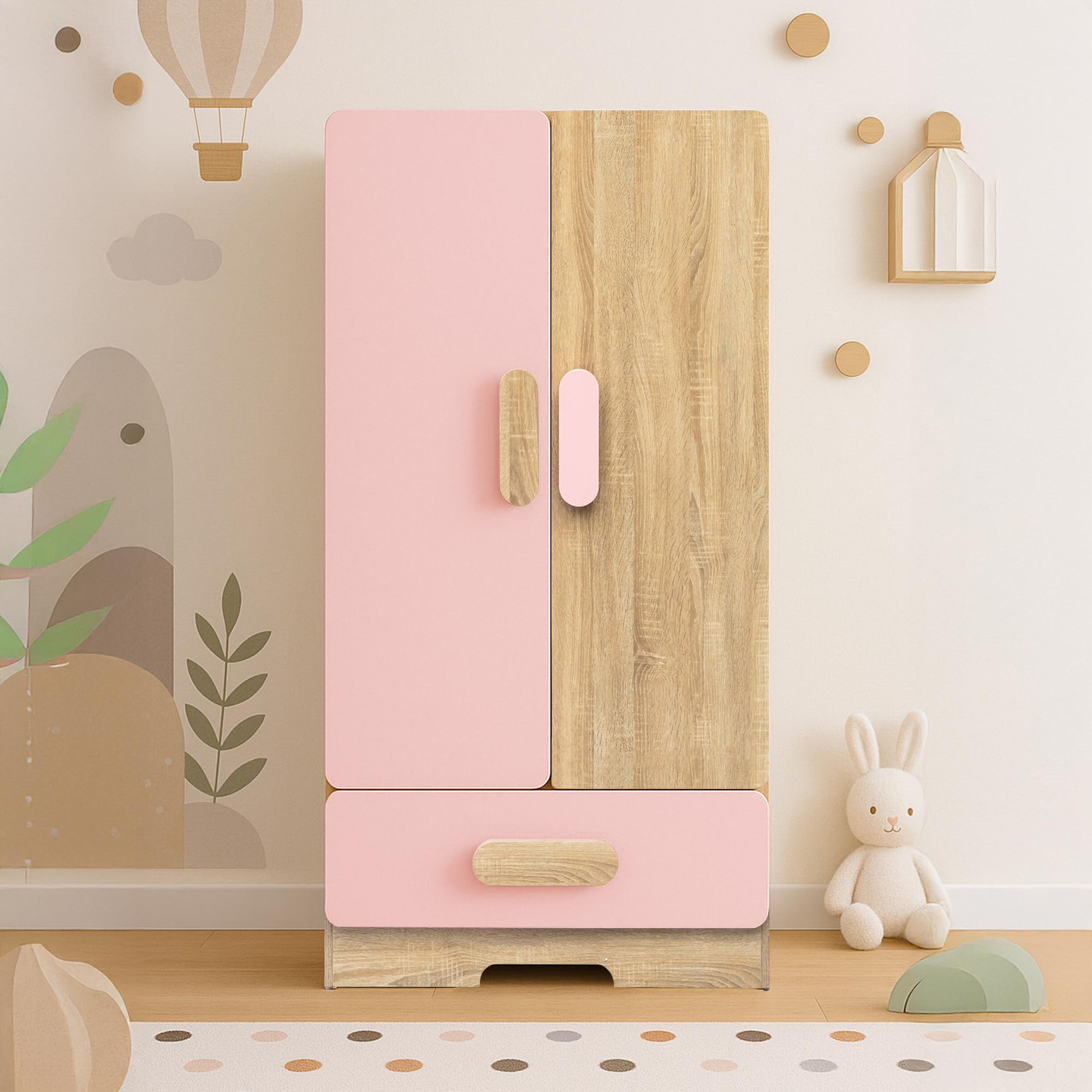 Alex Daisy Romania Kids 2 Door Wardrobe for 3-12 Years| Non-Toxic Safe Material | Soft Coated Premium Finish | Engineered Wood Kids Bedroom Storage Cupboard (Pink, Large)