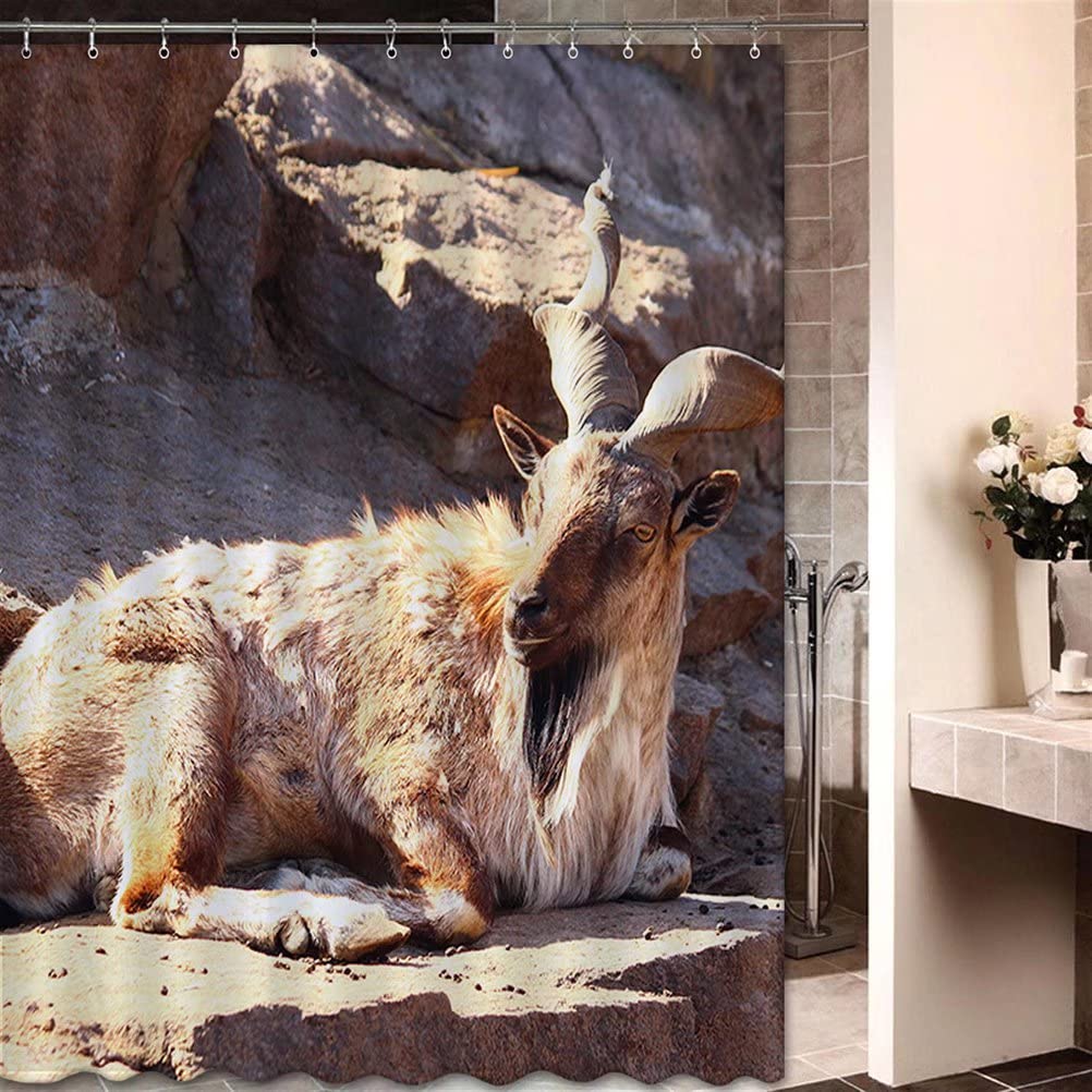 yESJMNPakistan Marker Goat Capra Falconeri Shower Curtains Travel Landscape Souvenir Waterproof Polyester Bathroom Decor Bath Curtain Set with 12 Hooks 72*78 Inches