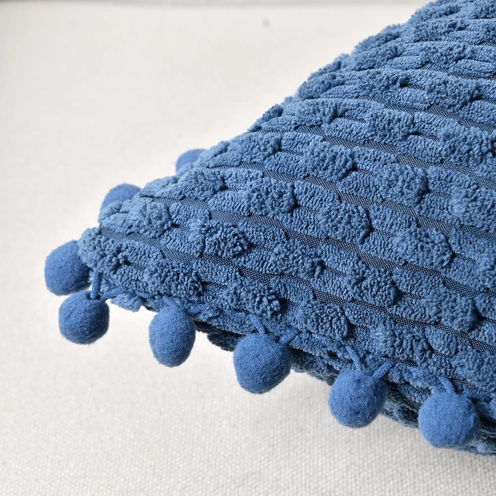 Fancy Homi Set of 2 Dusty Blue Decorative Throw Pillow Covers 24x24 Inch with Pom-poms for Couch Bed Sofa, Modern Farmhouse Boho Home Decor, Soft Plush Corduroy Cute Cushion Case 60x60cm