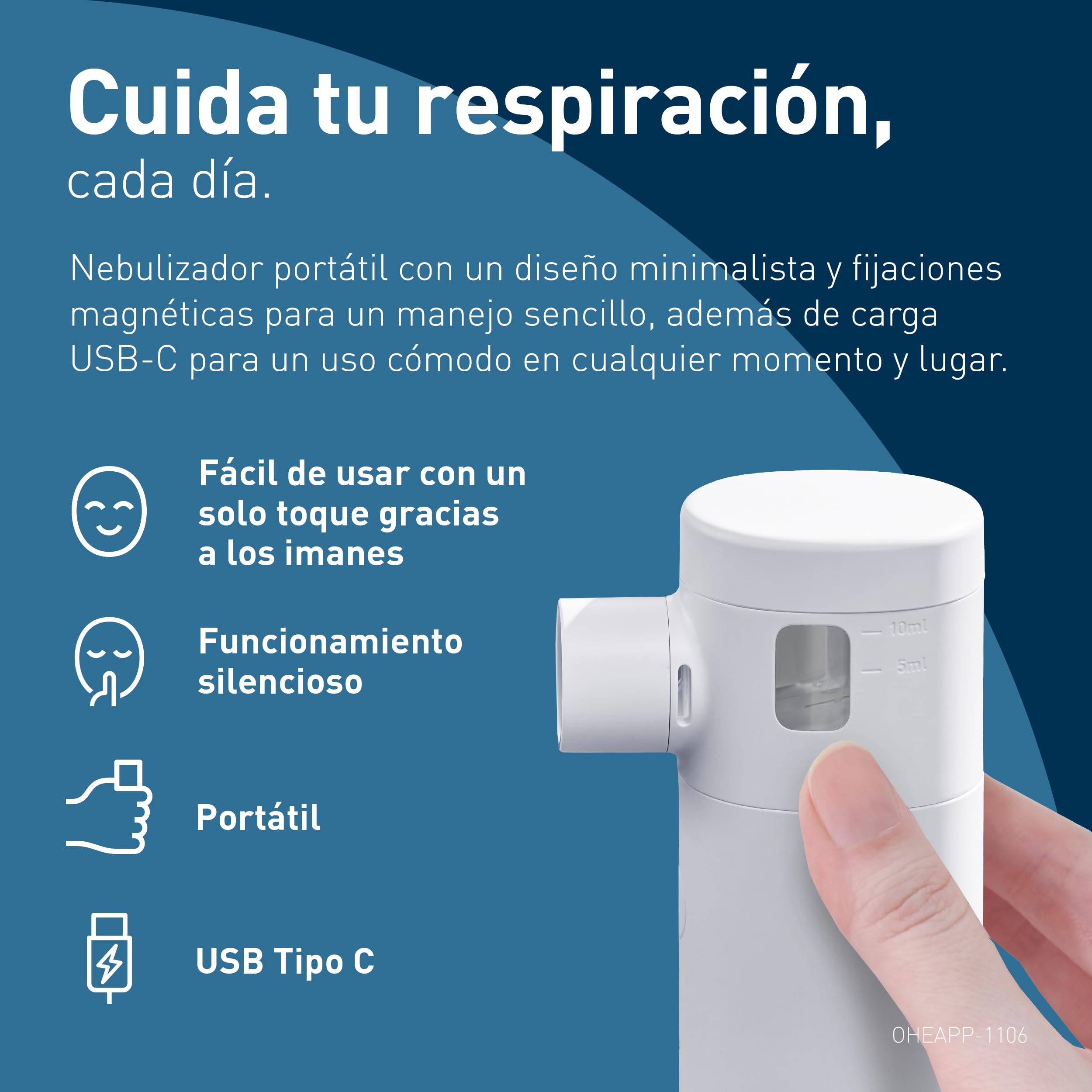OMRON MicroAir Move Nebulizador Portátil Silencioso, nebulizador para adultos y niños, Recargable USB-C, Incluye Boquilla, 2 mascarillas y bolsa de viaje