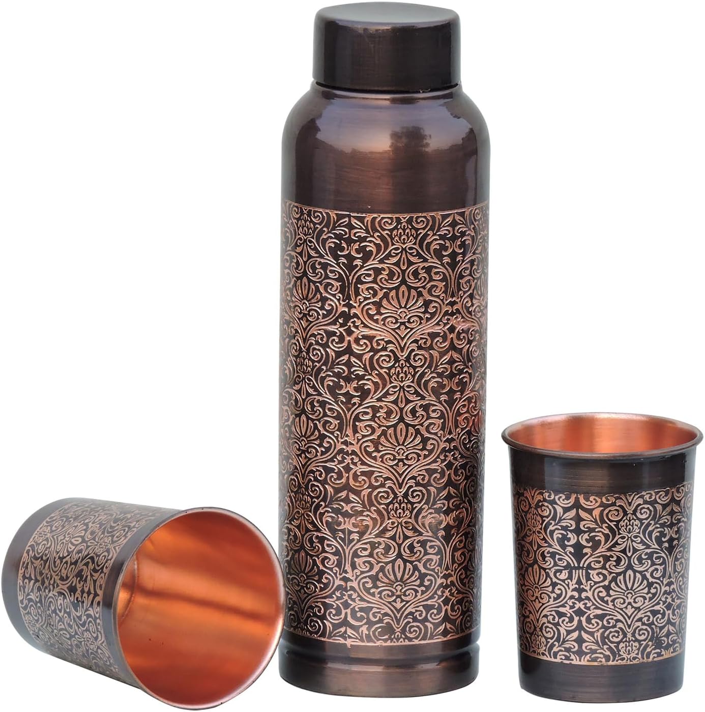 ANCIENT IMPEX Pure Copper Milton Water Bottle with 2 Tumblers – Floral Design | Ayurveda Benefits & Daily Hydration