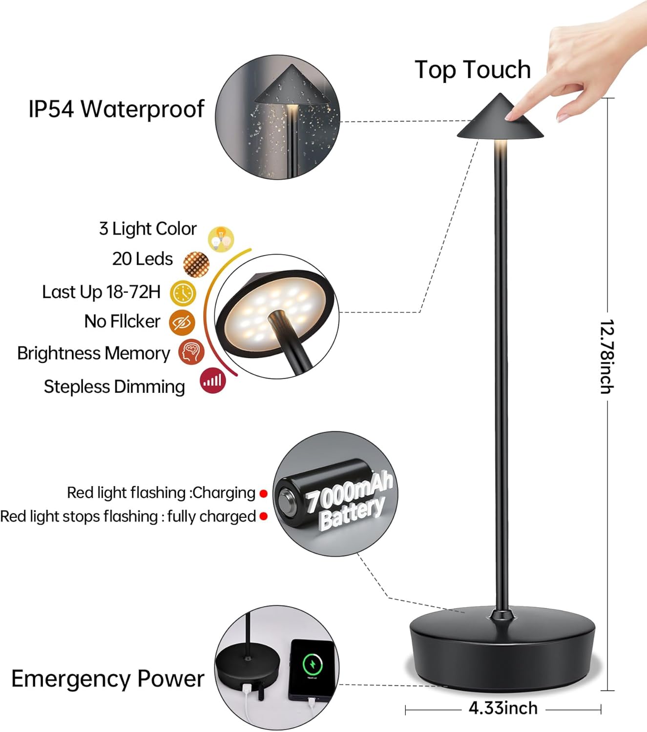 Cordless Led Table Desk Lamp 2 Pack, 7000mAh Battery Outdoor Table Light Waterproof for Restaurant Patio Camping Home Decor, USB-A Output, Brightness Memory, Dimmable