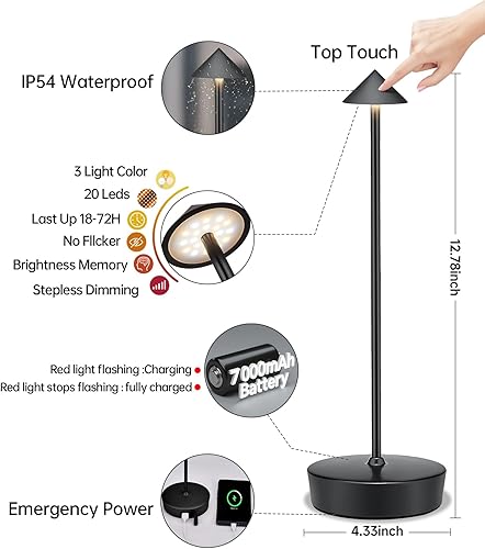 Miniatura 4 de Lámpara de mesa LED inalámbrica, paquete de 2, batería de 7000 mAh, luz de mesa para exteriores, impermeable, para restaurante, patio, camping,