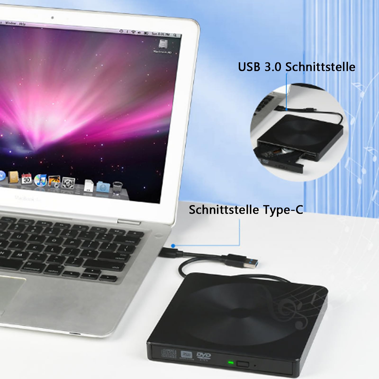 GERUI Externes DVD Laufwerk, CD DVD Brenner Player USB 3.0 Typ-C Writer DVD/CD +/-RW CD Laufwerk für PC Laptop Desktop mit Mac/OS//Linux/Win11/Win10/Win8/XP