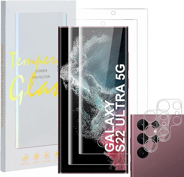 [2+2 Pack] Galaxy S22 Ultra Screen Protector with Camera Lens Protector, Premium Tempered Glass film, 9H Hardness, Anti Shatter, Bubble Free, Fingerprint Support for Samsung S22Ultra
