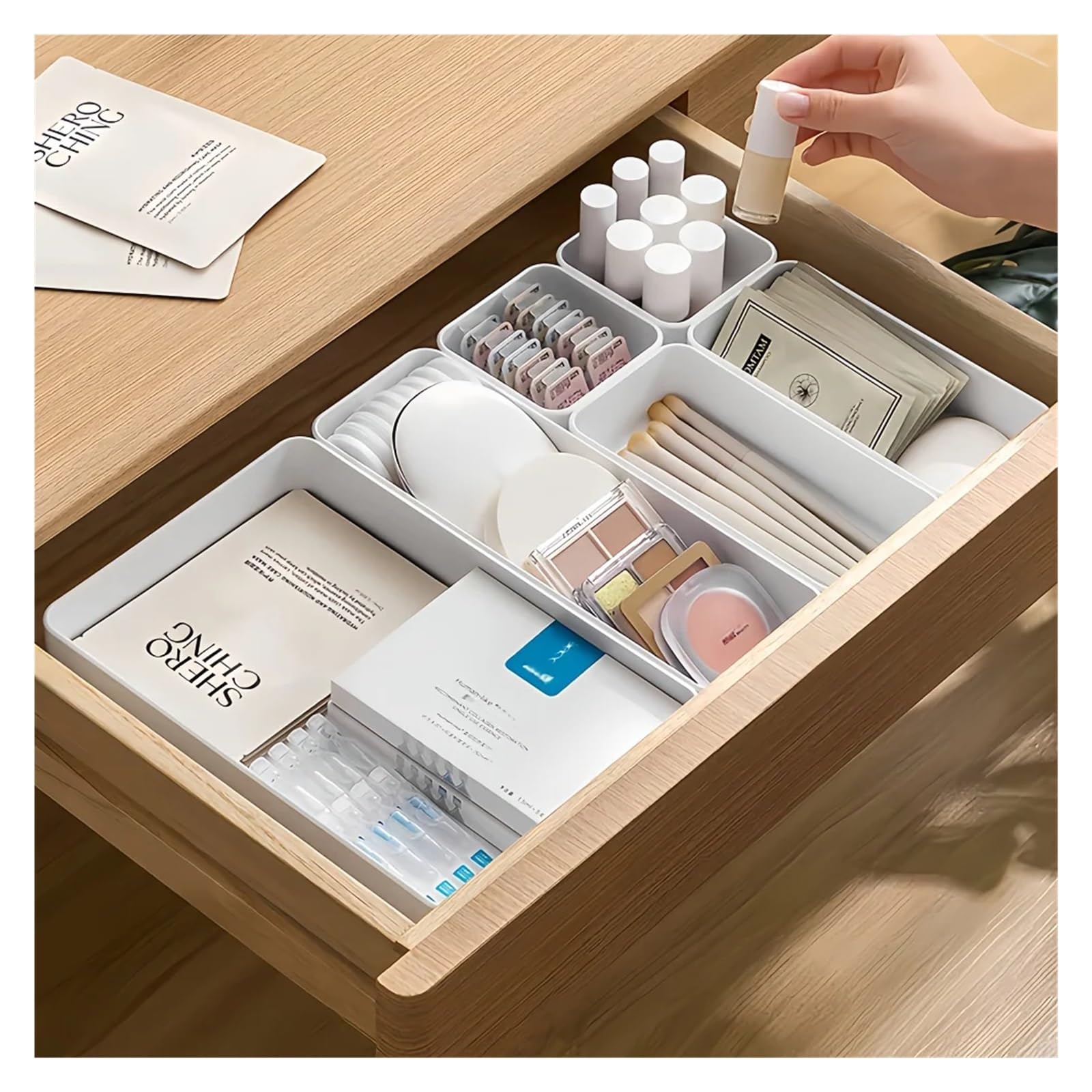 Cajas Organizadoras Cajones Desktop Drawer Organizer Partition Makeup Sundries Utensils Cutlery Storage Box Set for Kitchen Bathroom Office Tray(7pcs setA)