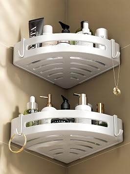 2 Pack Corner Shower Caddy with Hooks,No Drilling Aluminium Shower Organizer for Bathroom&Kitchen,Secure with Nail-free Glue,Rustproof Inside Shower Rack Basket,Storage Accessories White