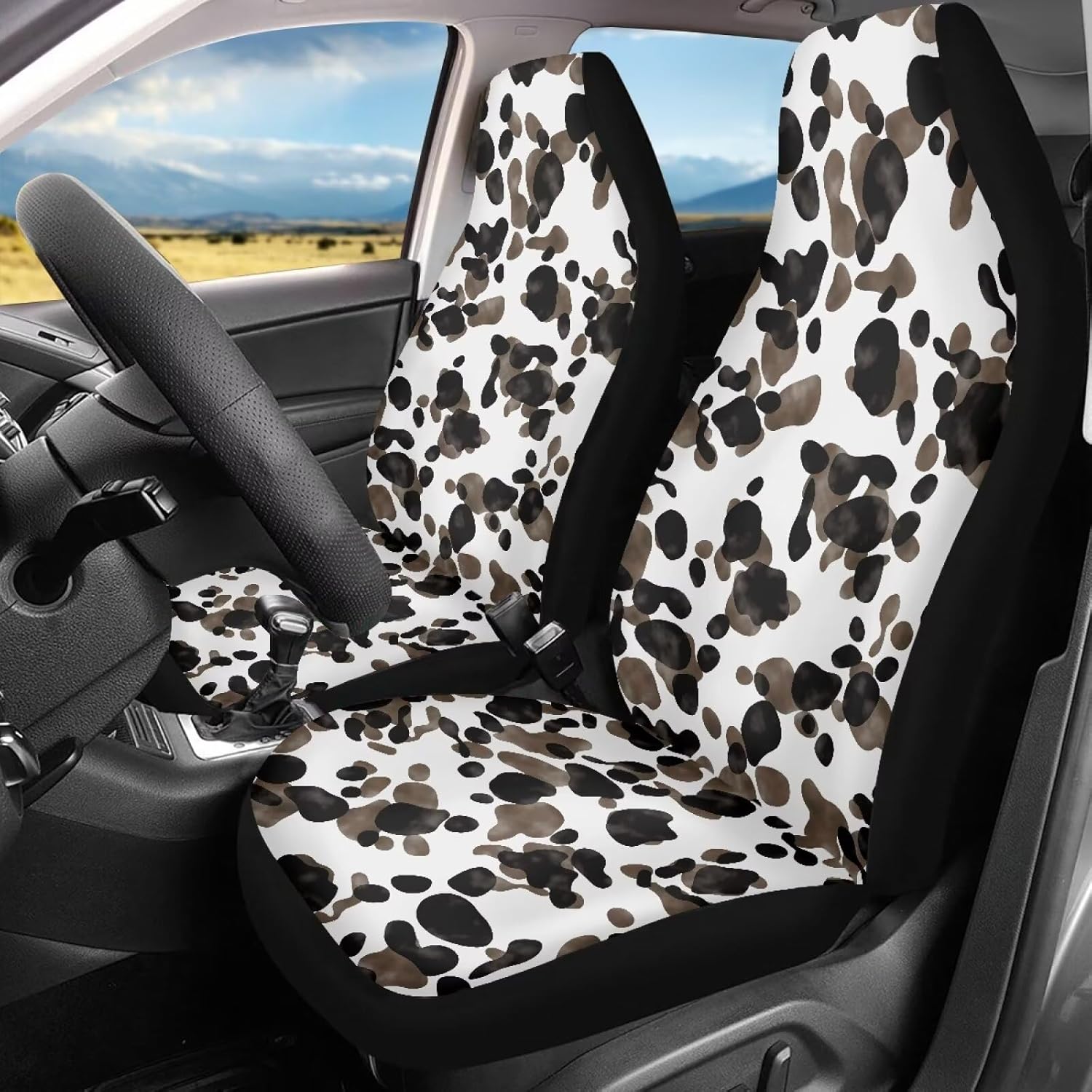 Black White Cow Universal Car Seat Covers Full Set 2 Piece Automotive Interior Accessories Flexible Elastic Front Car Seats Cushion Fits Most Cars SUV Van and Truck