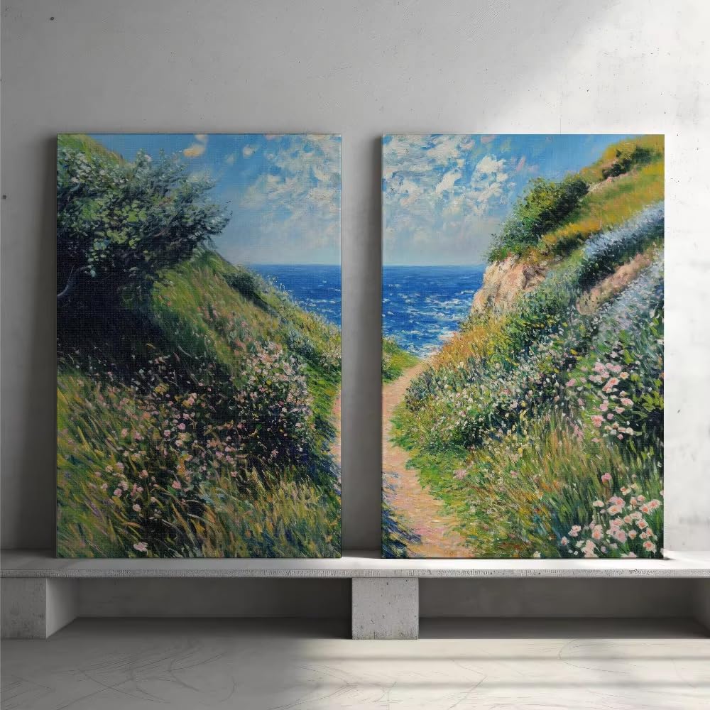 XIANGPEIFBH Serene Beach Path Painting Canvas Print Poster Monet Pastel Impressionism Nature Coastal Wall Art Watercolor Landscape((30x40cm/12x16in) x2/Unframed)