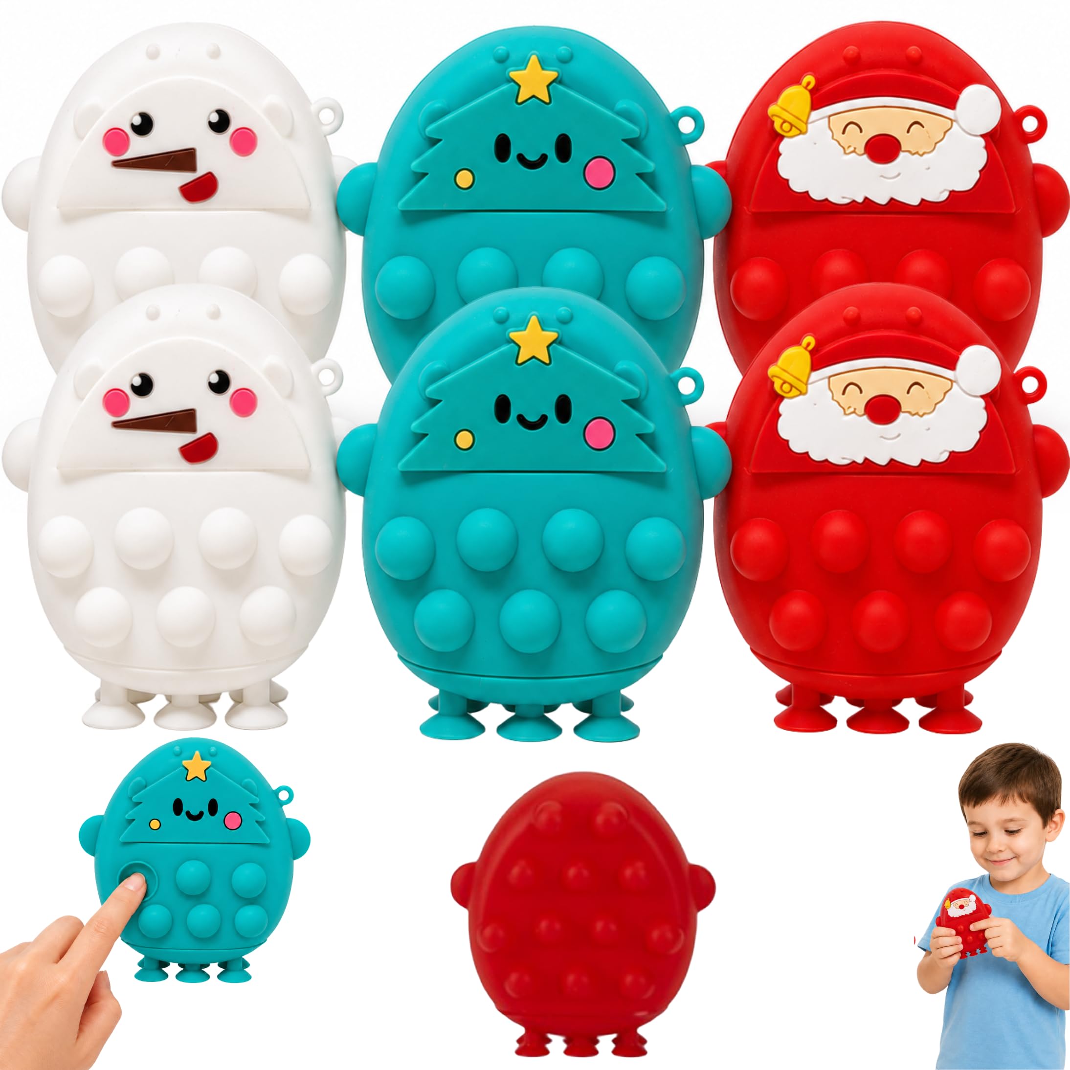 8cm Christmas Sensory Fidget Popper Toys Santa Snowman Tree Characters, 6x Silicone Push Bubble Toys with Suction Cup Feet, Xmas Stocking Fillers Party Favours for Kids 3+ — image 1