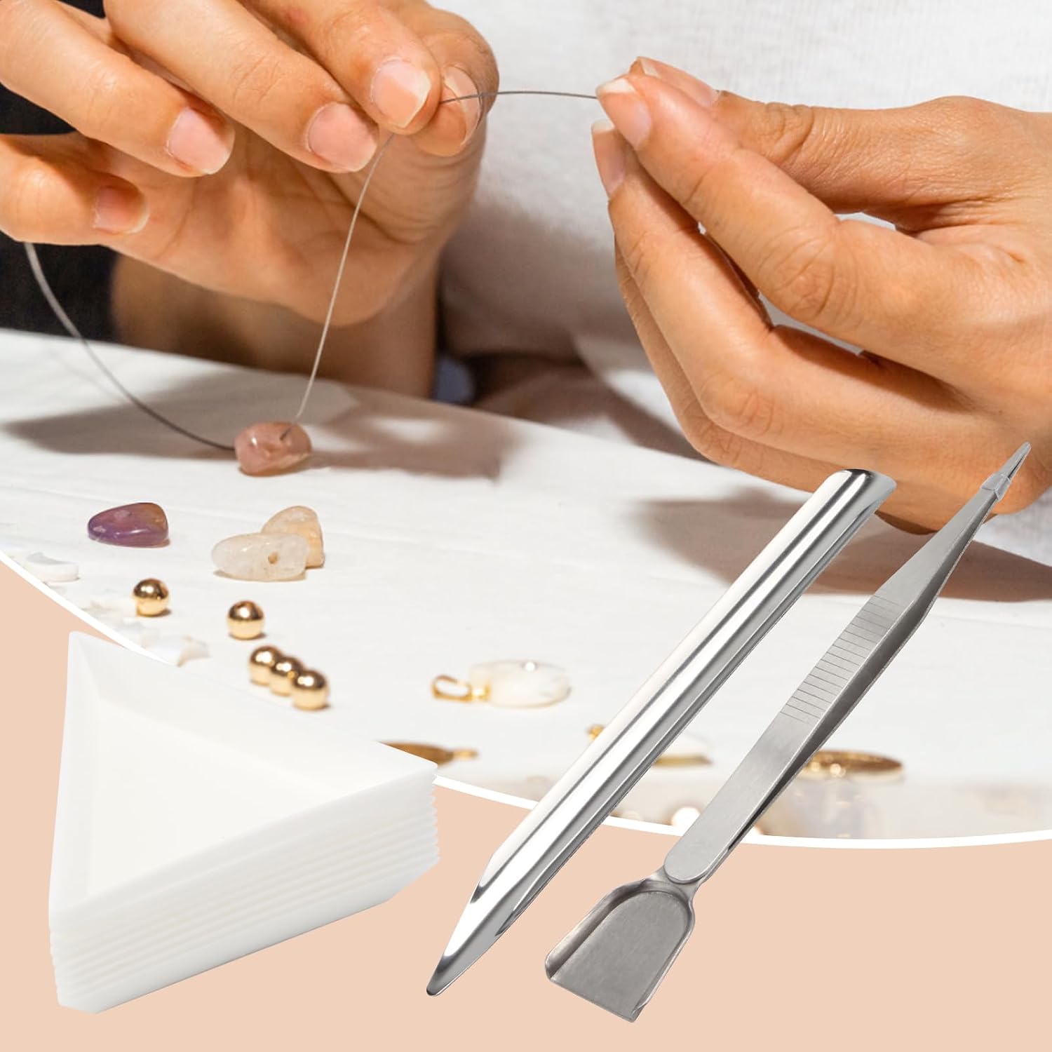 12 Pcs Craft Jewelry Bead Diamond Scoop Set, White Jewelry Shovel Set Triangle Sorting Trays and Silver Handy Tweezer with Scoop, Craft Beading Tweezers for Pearls Gemstones Tools Supplies