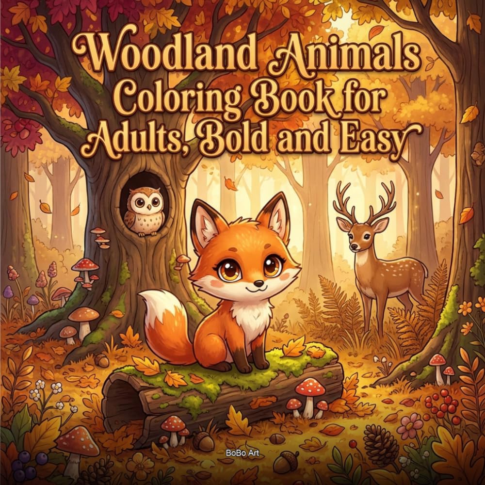 Woodland Animals Coloring Book for Adults: Bold and Easy Cute Forest Creatures: 50 Kawaii Cottagecore Autumn Scenes with Foxes, Owls, Deer, Hedgehogs and Cozy Forest Moments