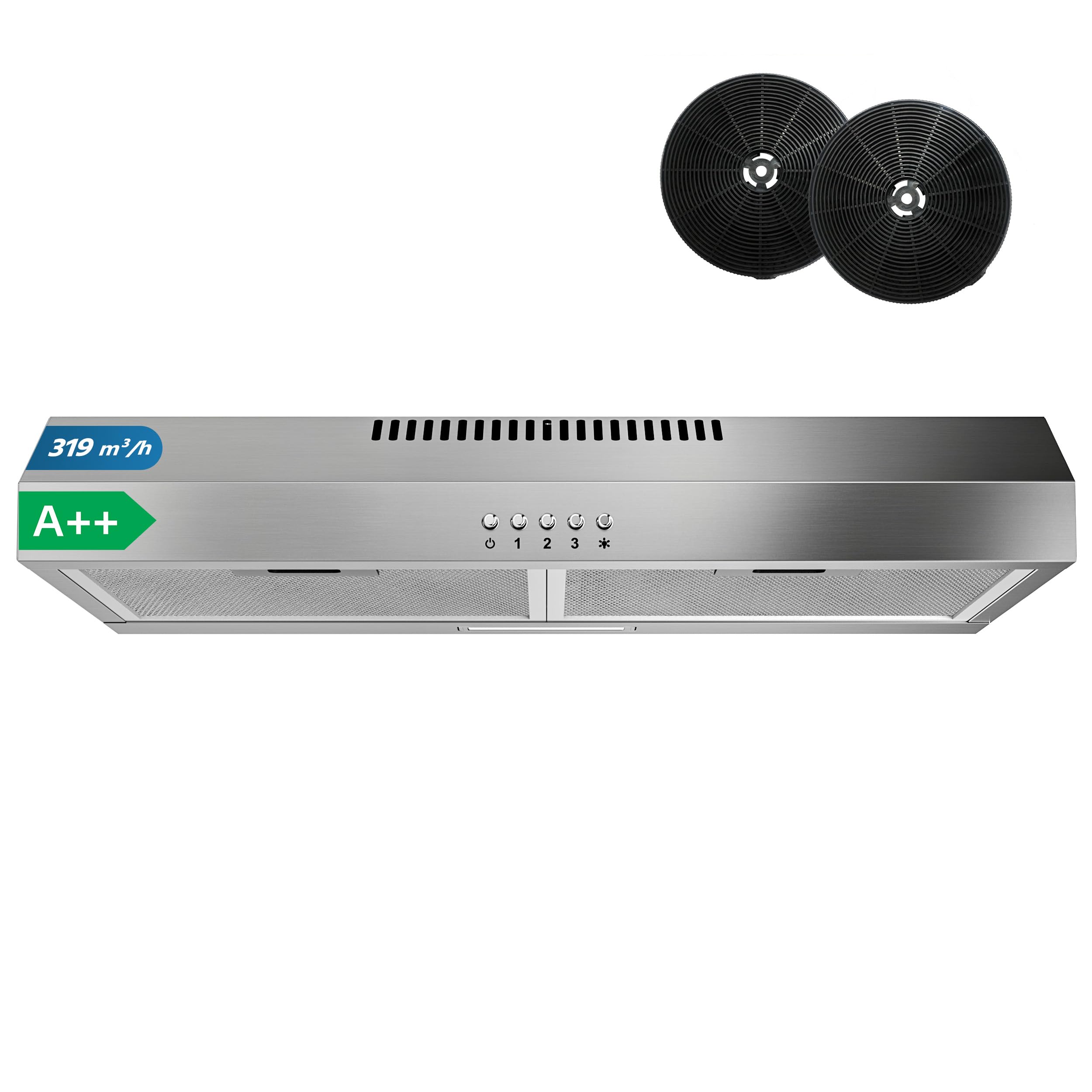 FIREGAS Hotte de Cuisine 60cm A++, Hotte Aspirante Inox Silencieuse avec Moteur sans Balais, 3 Vitesses, Éclairage LED, Mode Recyclage ou Évacuation, Idéal Petites Cuisines