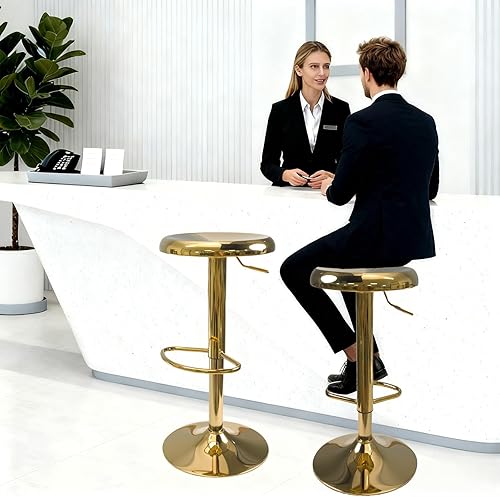 Miniatura 7 de Juego de 2 taburetes de bar ajustables, sillas giratorias sin respaldo y altura de barra, taburetes de bar modernos con marco de metal dorado para