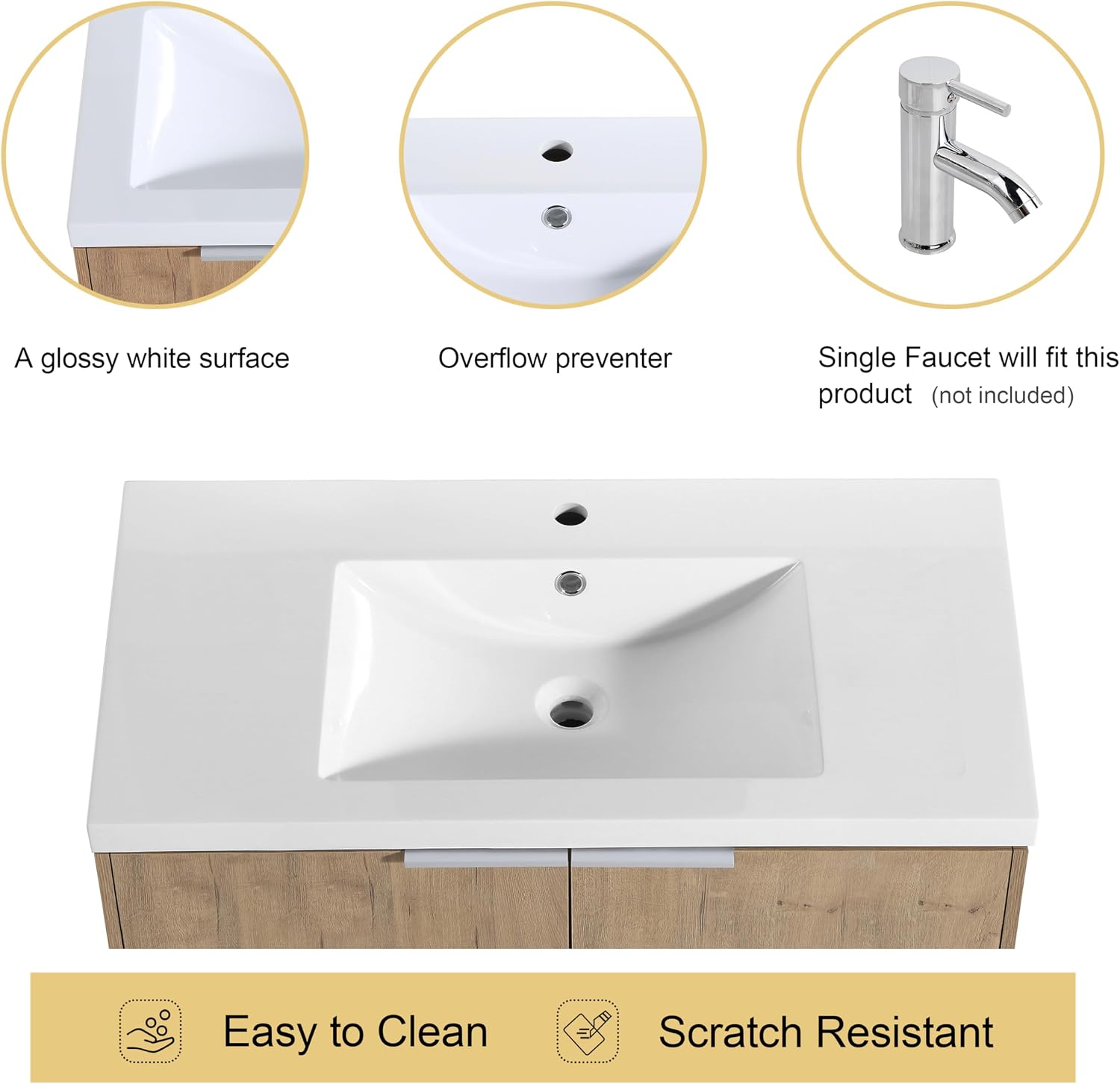 36 Inch Bathroom Vanity with Sink,36" Floating Bathroom Vanity,Single Sink Bathroom Vanity Combo,Modern Bathroom Vanity,Light Brown Wall Mounted Cabinet Set