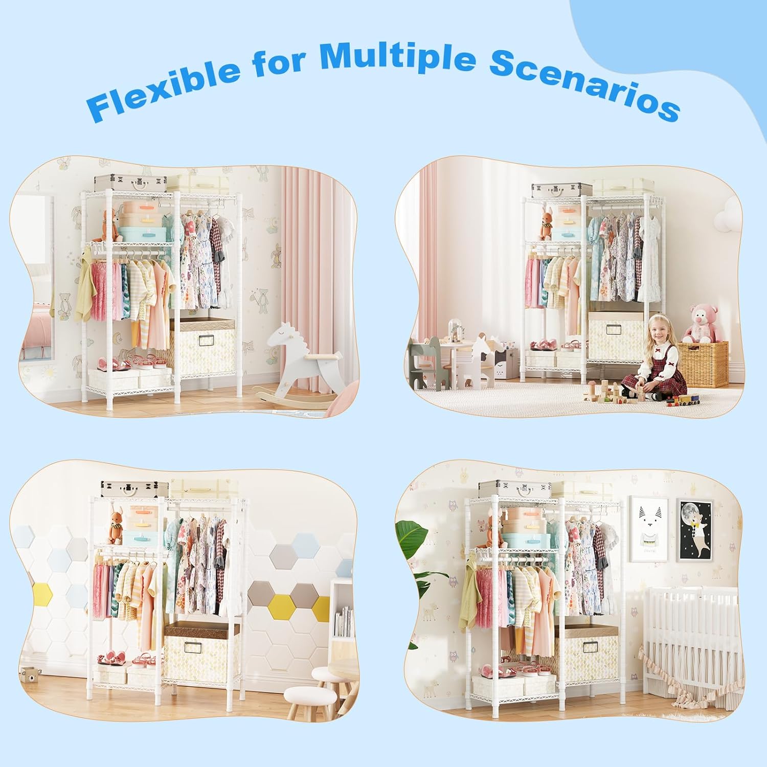 Ulif F1 Garment Rack for Kids, Baby, Students, and Children's Room, 4 Tiers Freestanding and Portable Heavy Duty Closets, Small Metal Clothes Rack with 2 Hanging Rod, 31.2" W x 11.8" D x 48" H, White