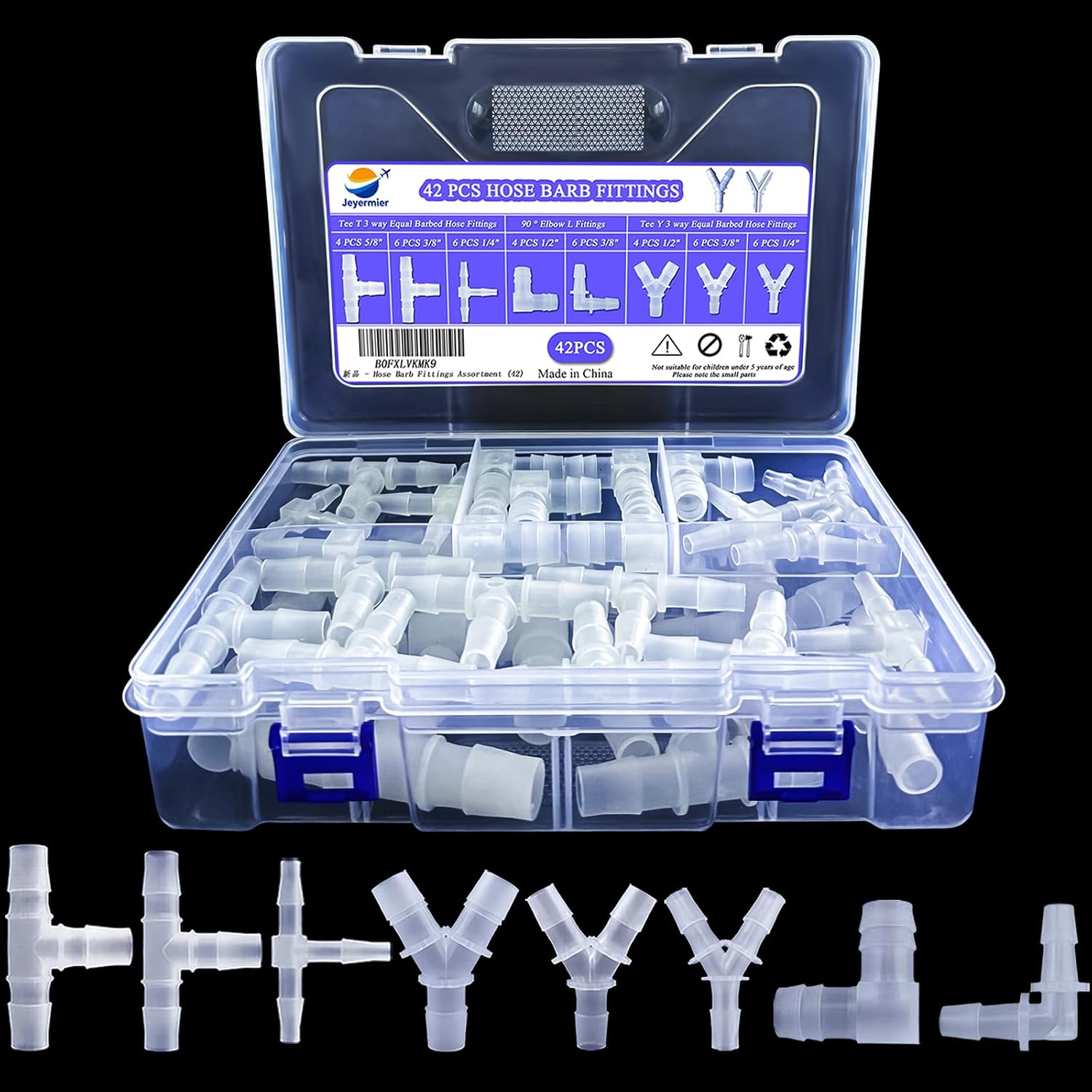 42PCS Plastic Hose Barb Fittings, T/Y Shaped Aquarium Airline Tubing Connectors, 90 ° Elbow Barbed Hose Fittings, Barb Joint Splicer Mender Adapter Union for Low-pressure air, aquarium aeration.