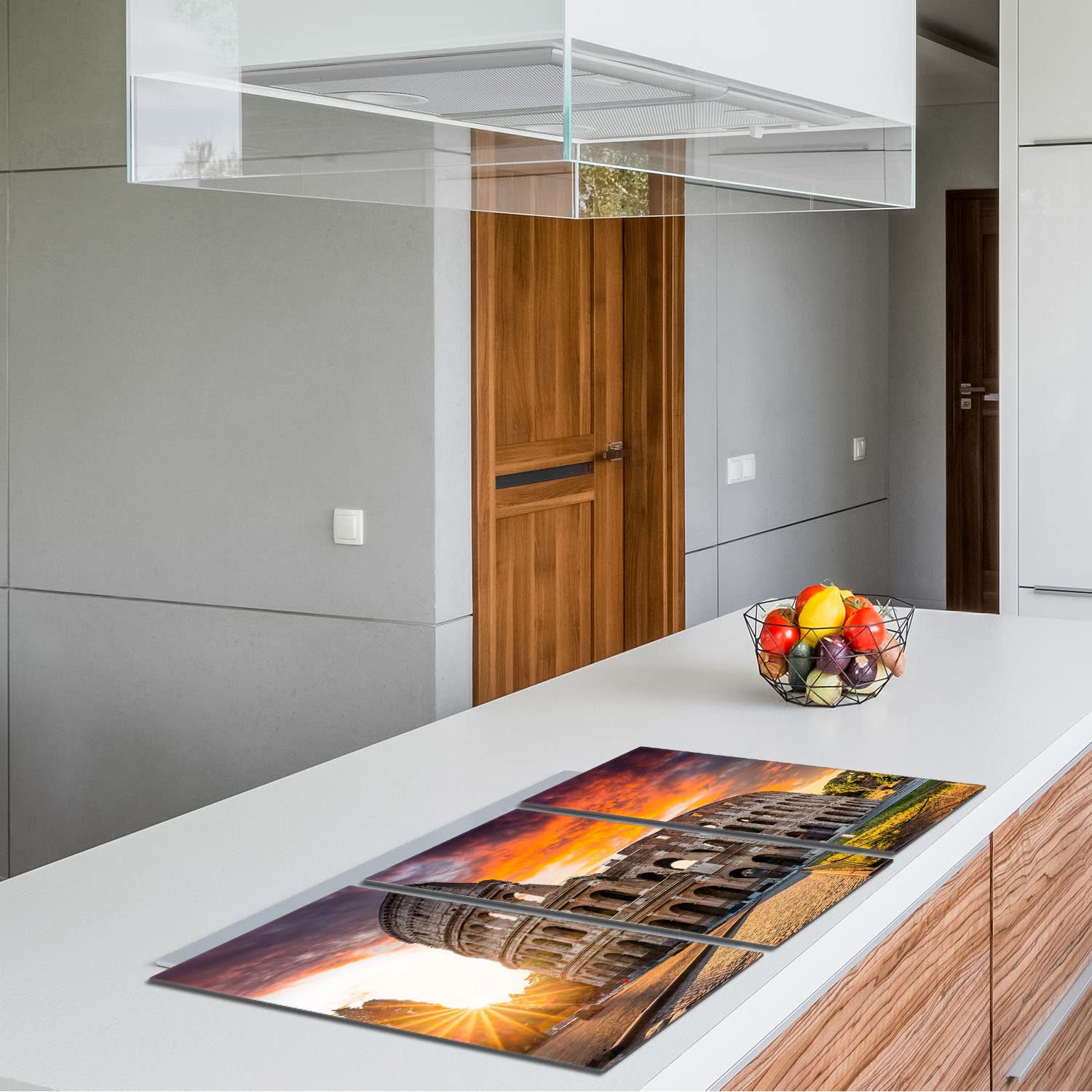 Piastre di copertura per piano cottura in ceranfeld 3 pezzi 30 x 52 cm | copertura per piano cottura cottura elettrico a induzione | paraschizzi | tagliere in vetro | Panorama del Colosseo