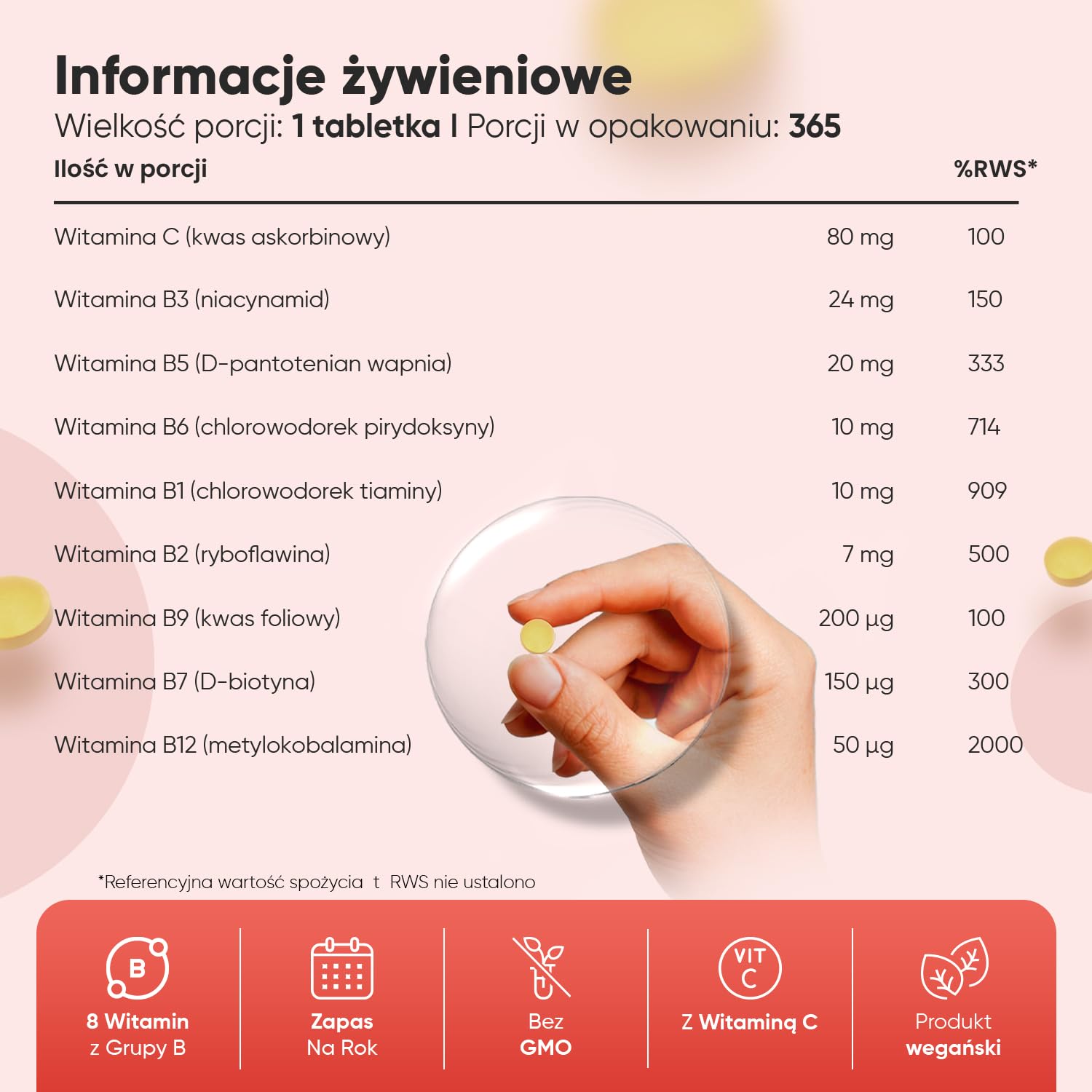 Kompleks witamin B wzbogacony o witaminą C – 365 wegańskich tabletek, 1 rok zapasu – 8 witamin z grupy B, pełny kompleks B: B1, B2, B3, B5, B6, B7 (Biotyna), B9 (Kwas foliowy) i B12