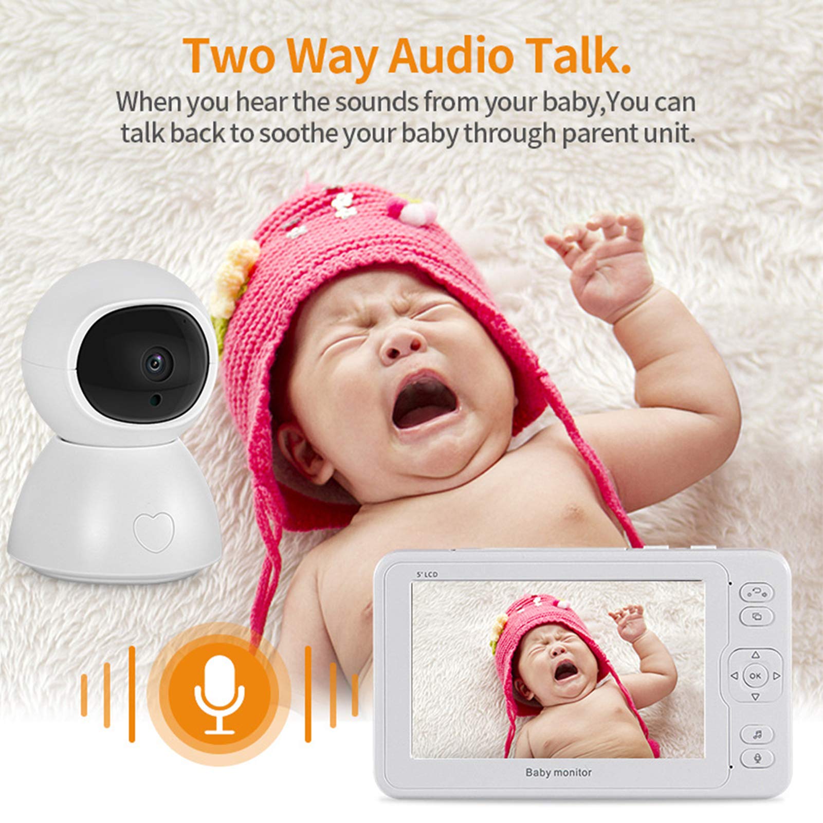 Monitor Para Bebés De 5 Pulgadas HD 1080P Con Cámara Y Audio Intercomunicador Bidireccional Nana Detección Automática De Temperatura Por Visión Nocturna