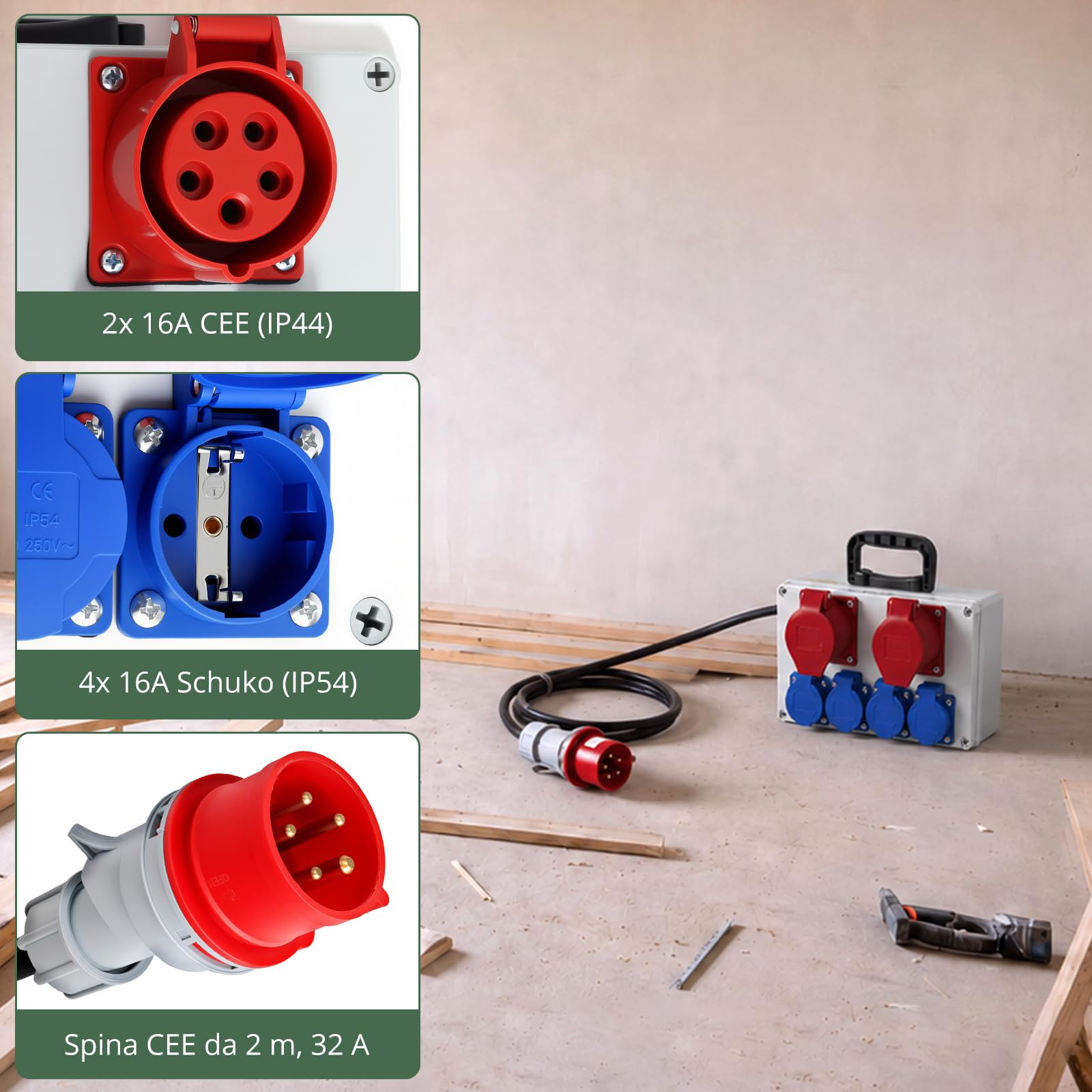 EYPINS Distributore di Corrente da Cantiere,Cavo 2M, 4 Schuko+2 CEE 16 A | Protezione FI/LS,Presa Schuko e CEE,Quadro Elettrico Esterno da Parete,Impermeabile IP66,per Giardino,Garage,Officina,Cortile