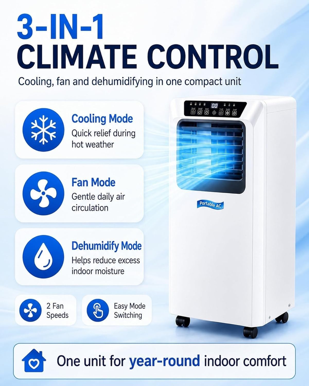 Condizionatore Portatile 7000/9000 BTU con Timer 24H e modalità Notte, 7000BTU, 7000BTU