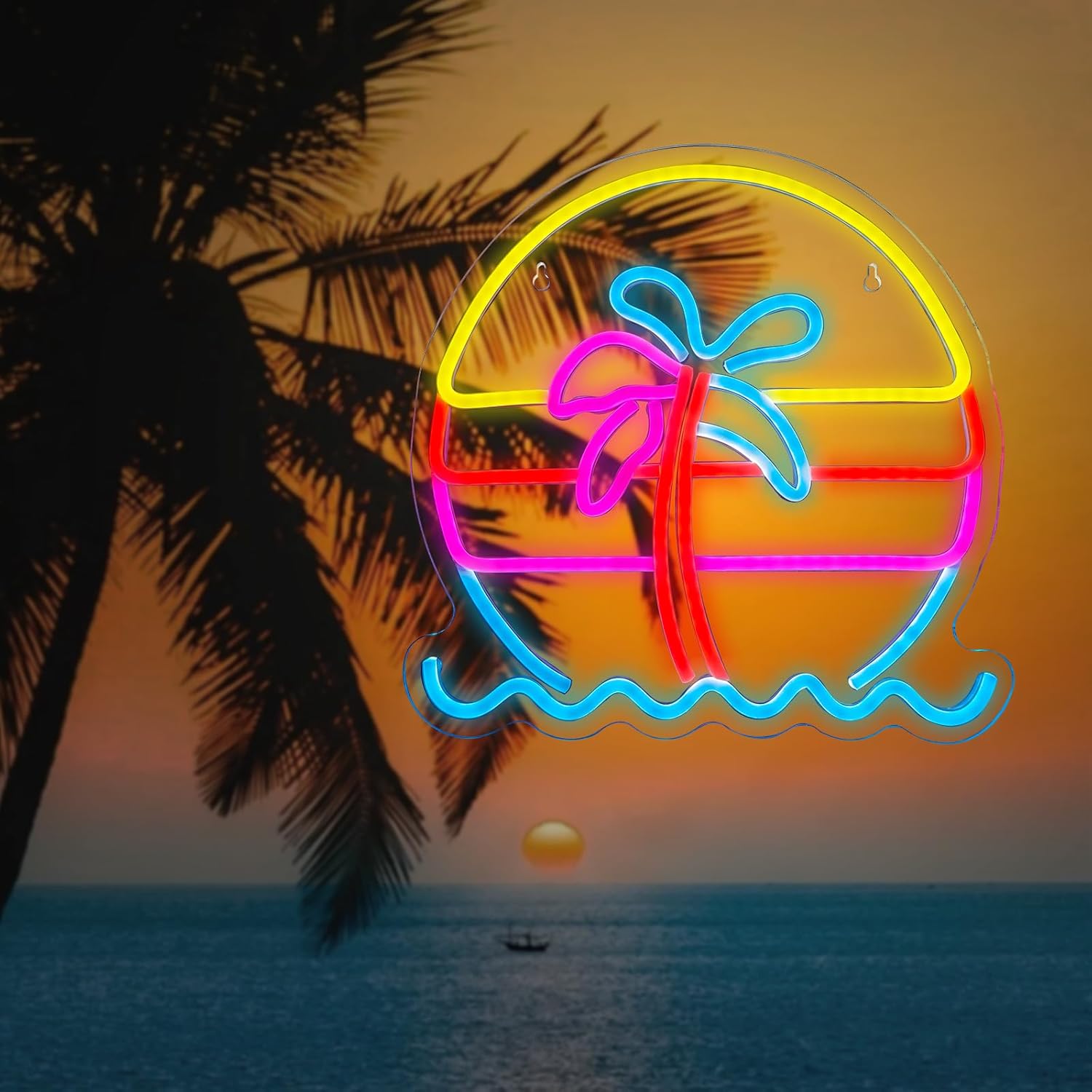 Sunset Neon Sign, Dimmable Palm Tree Neon Light for Party Bar Restaurant Wall Decor, USB Powered Tropical Beach View LED Light Sign for Kids Christmas Gifts, 12.60”×12.60” - Image 2