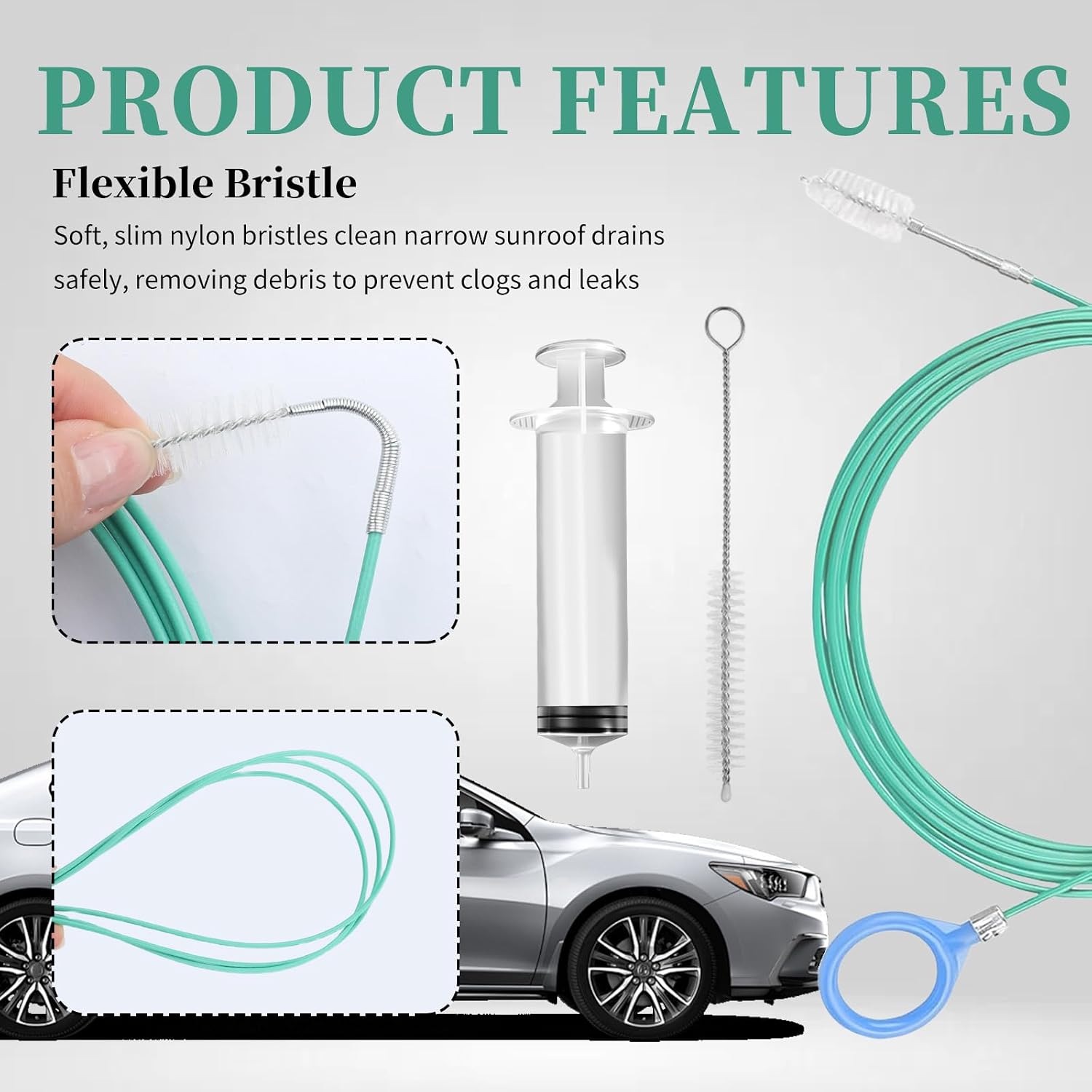 118" Auto Sunroof Drain Cleaning Tool Kit,Flexible Sun Roof Drain Cleaning Tool Kit Includes Brush,Syringe,Hose,Multi-Function Car Sunroof Drains Cleaner Tools Automotive Tools thumbnail