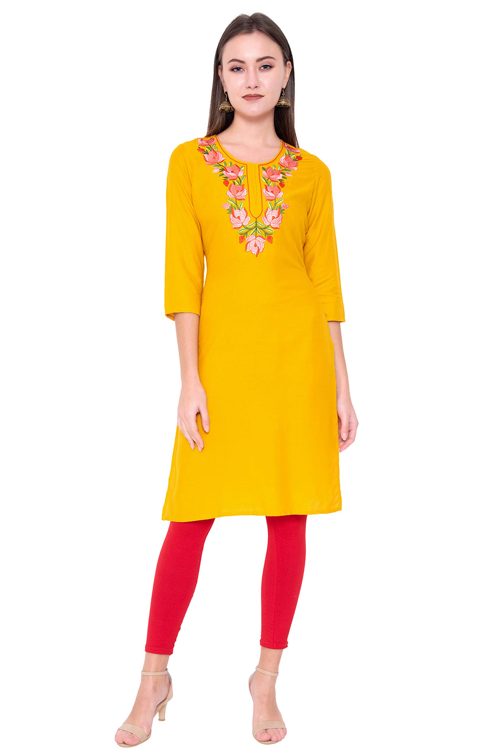 GOD BLESSCasual Rayon Embroidery Solid Women Mustard Colour Kurti
