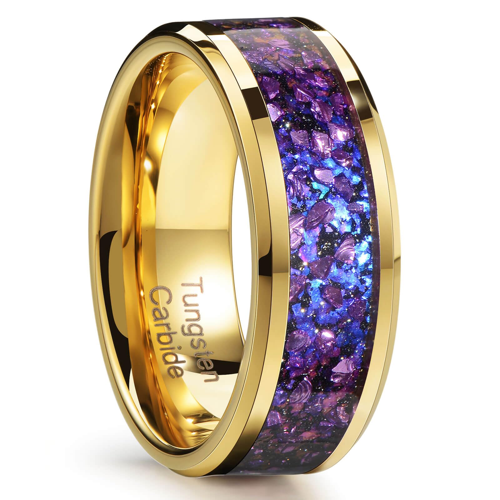 Zillaly 8mm Men's Gold Galaxy Ring, Tungsten Wedding Band with Purple Blue Opal and Chamfered Sparkling Finish - Comfortable Size 7-14, Comes in a