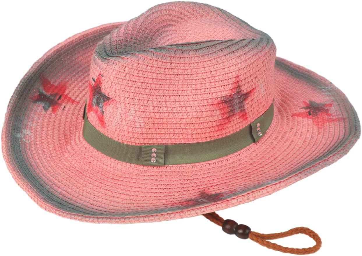 Star Graffiti Straw Hat Womens Western Cowboy Hat Large Brim Sun Visor Cowgirl Camping Outing Travel Beach Party Cap Pink