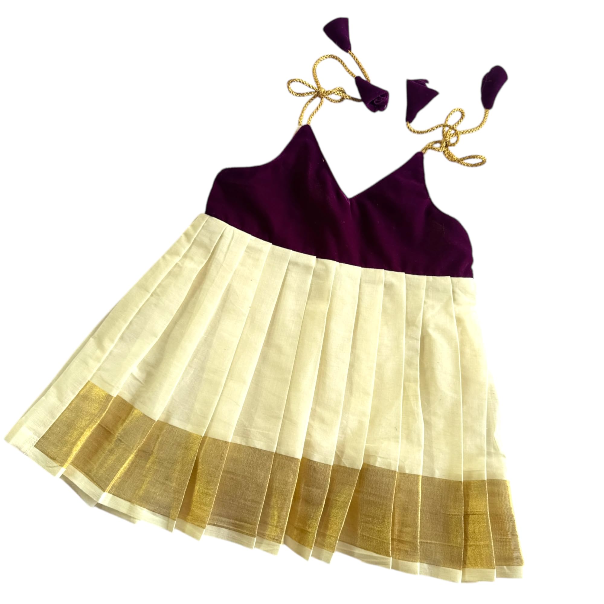 PicksparrowNewborn Baby Girl Kasavu Dress/Kerala Kasavu Traditional Frock/Onam-Vishu Dress (Velvet, Shoulder-Knot)
