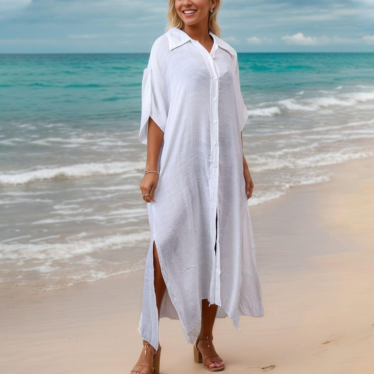 Women Beach Cover Up Batwing Sleeve Button Front Kimono Bathing Suit Cover-ups Side Slit Sheer Breathable Shirt Dress