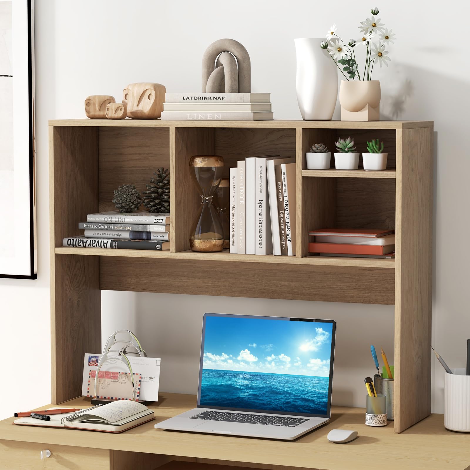 GOPLUS Etagere Bureau a Poser en Bois avec Plusieurs Tablettes, 94 x 25 x 73 CM Organiseur de Bureau avec 4 Compartiments Ouvert, Dispositif Anti-Basculement (Naturel, 94 x 25 x 73 CM|4 Bacs)