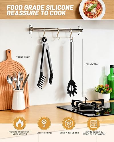 Miniatura 2 de Cuchara de espagueti y pinza para pasta con dientes de agarre y orificios de drenaje, cabezal de silicona antiadherente de 2 piezas con mango