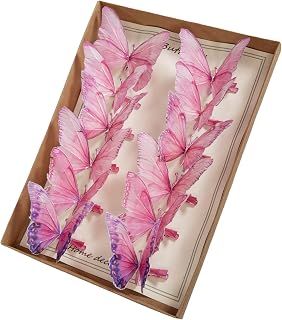 Decorative Butterfly Picks, 12 Pieces with Clips for Floral Arrangements (Pink)