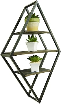 Admired By Nature 4 3 Tier Matte Black Metal Display Shelf, Wall Mounted Diamond Shaped Rack